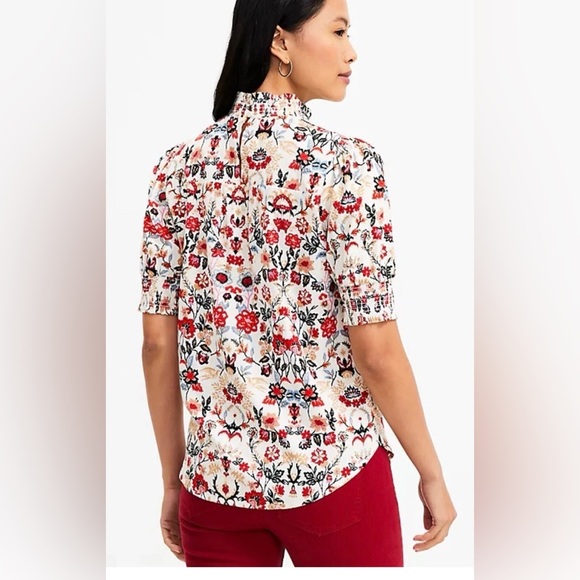 Loft Boho Floral Smocked Yoke Blouse in Cream, Red & Black - Large - Picture 2 of 10